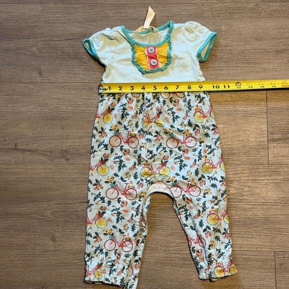 Matilda Jane 6-12 mo long pants romper snap bottom, bicycle/floral teal/yellow - Picture 6 of 6